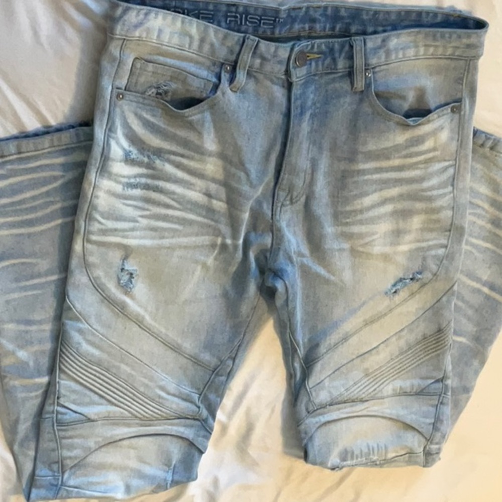BLUE MOTO DENIM JEANS MENS SIZE 34 LIGHT WASH